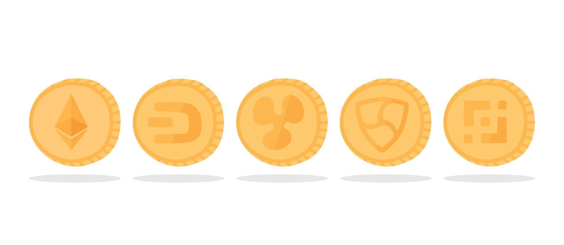 una serie di loghi di criptovaluta: ethereum, ripple, dash, nem, binance coin. monete d'oro con un simbolo di criptovaluta. vettore