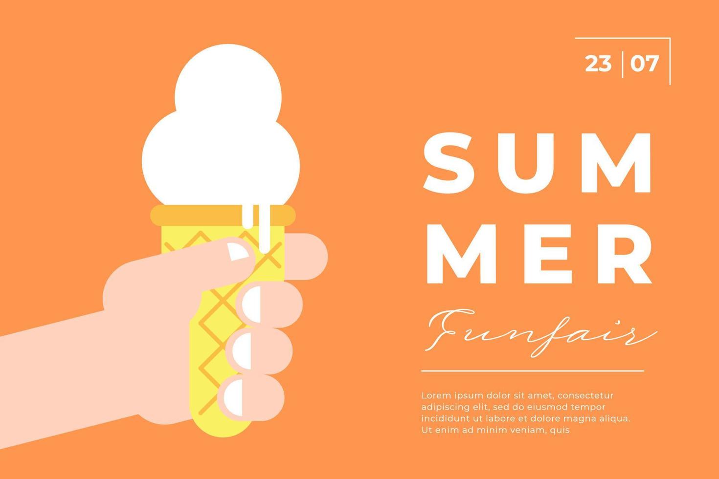 poster orizzontale minimal alla moda del festival estivo con gelato in mano. volantino di design creativo minimalista per luna park di carnevale. vacanza luna park festivo semplice piatto vettore eps biglietto di auguri