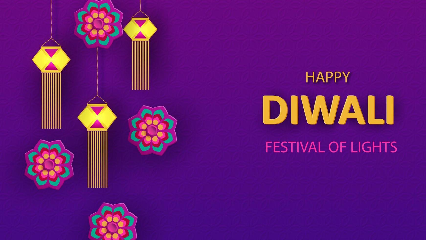 design per le vacanze del festival di diwali con stile taglio carta di rangoli e fiori indiani. illustrazione vettoriale. vettore