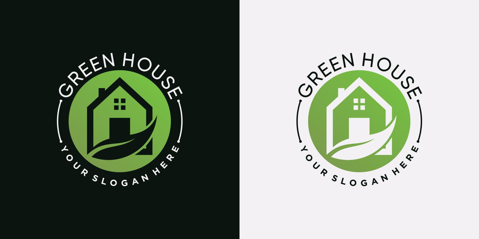 icona del logo della casa verde con il concetto di spazio negativo e l'elemento foglia vettore