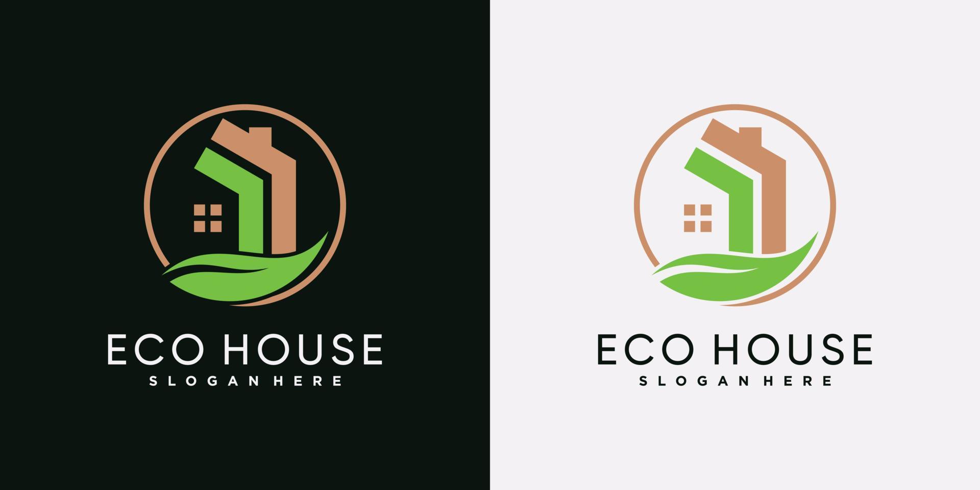 modello icona logo casa eco con foglia verde ed elemento creativo vettore