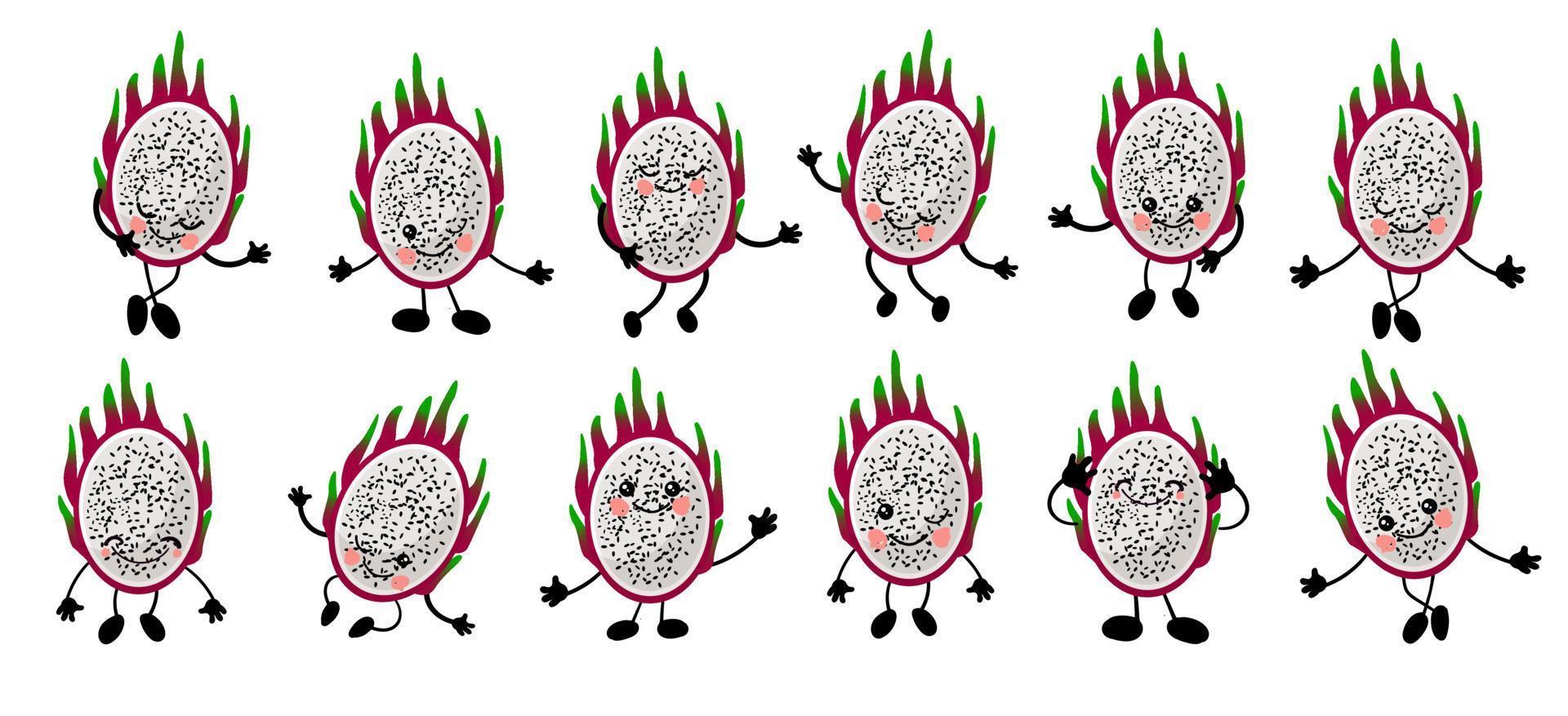 frutto del drago. pitaya. simpatico personaggio allegro con braccia e gambe. insieme di frutti isolati su sfondo bianco .. vettore
