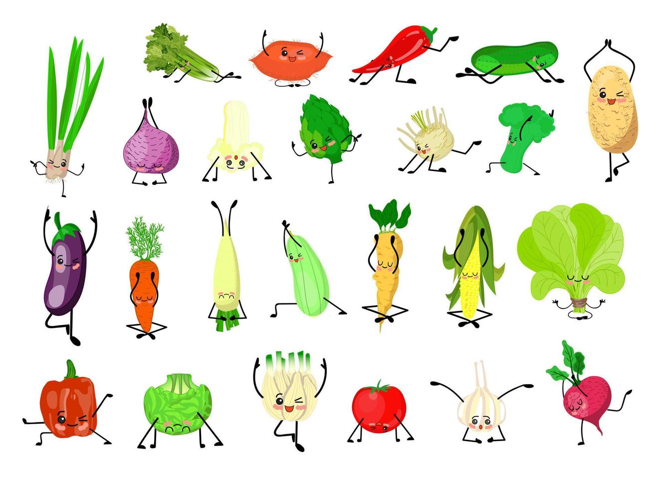 simpatici personaggi kawaii. un grande set di verdure. yoga e sport. uno stile di vita sano. adesivi vegetali vettore