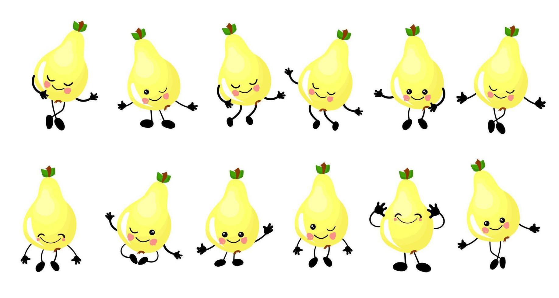 la pera è gialla. il personaggio è allegro con braccia e gambe. insieme di frutti su sfondo bianco ..b vettore