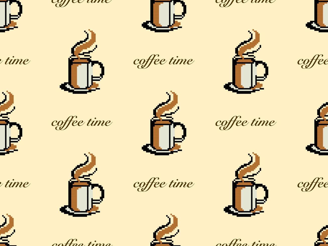 modello senza cuciture del personaggio dei cartoni animati del caffè su fondo giallo. stile pixel vettore