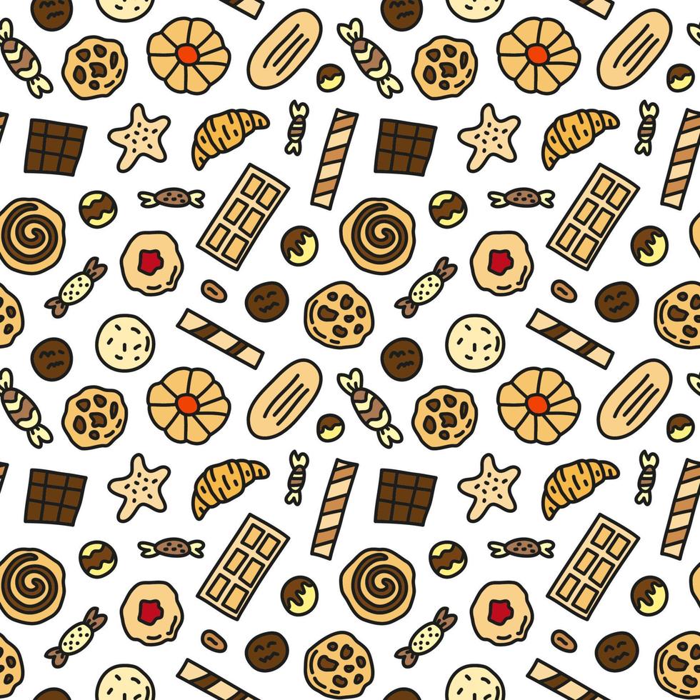 modello senza cuciture con biscotti, cialde e caramelle colorati doodle. vettore