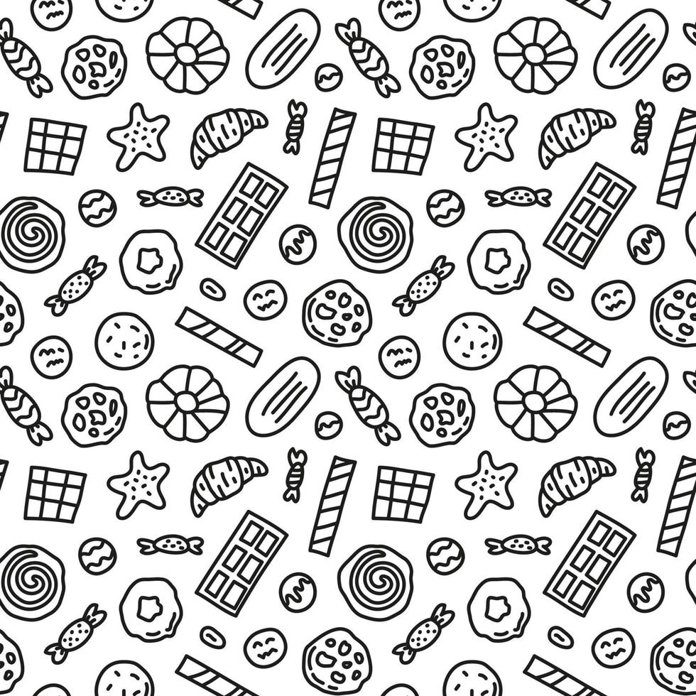 modello senza cuciture in bianco e nero con biscotti, cialde e caramelle a forma di doodle. vettore