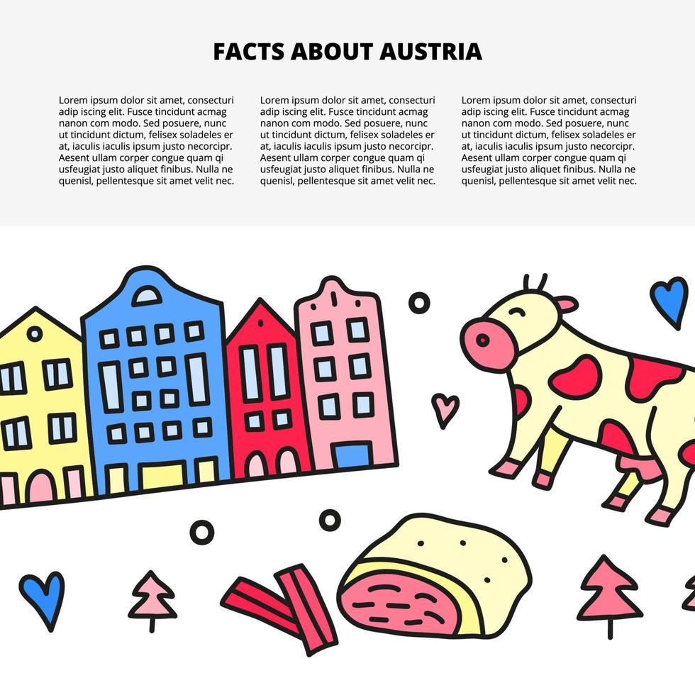 modello di articolo con spazio per testo e icone austriache colorate doodle tra cui edifici, strudel, mucca, abeti, cuori isolati su sfondo bianco. vettore