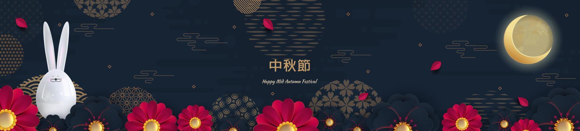design banner con motivi a cerchi tradizionali cinesi che rappresentano la luna piena, lepre lucida. testo cinese felice metà autunno, oro su blu scuro. vettore