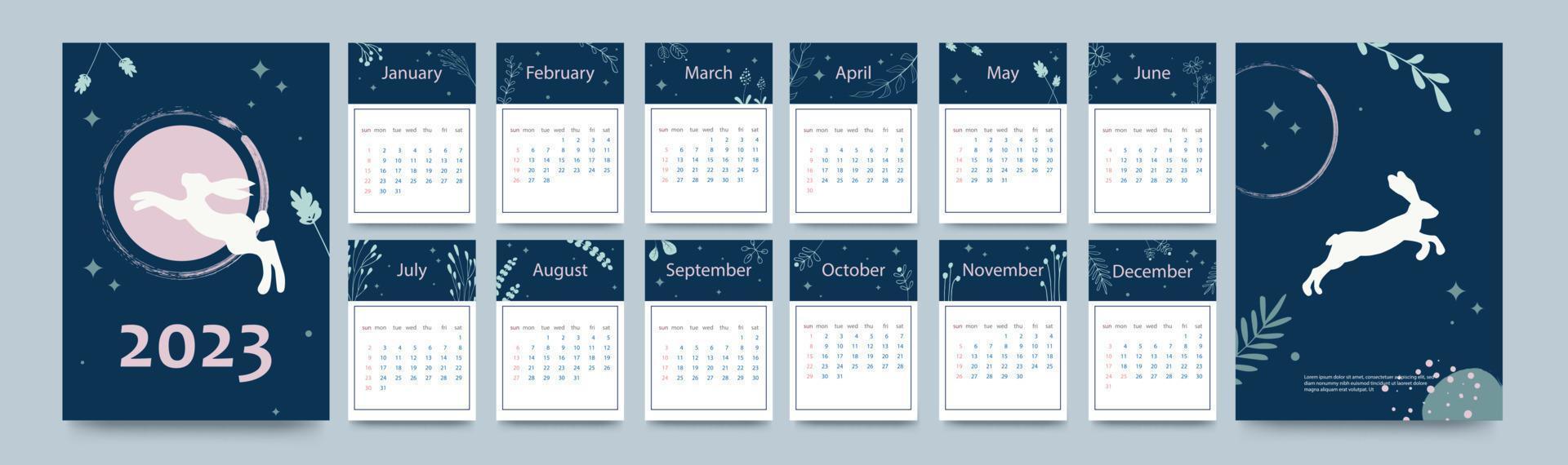 modello di calendario per il 2023. design verticale con scarabocchi di coniglio e piante per l'anno del coniglio 2023. modello di pagina modificabile con illustrazioni a4, set di 12 mesi con copertine vettore