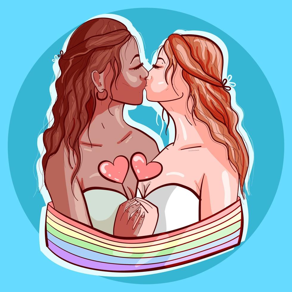 illustrazione di nozze di due amanti lesbiche che si baciano. diversità e matrimonio e relazione lgbtq. due spose che si abbracciano e tengono in mano una caramella a forma di cuore. bandiera dell'orgoglio arcobaleno e sfondo blu. vettore