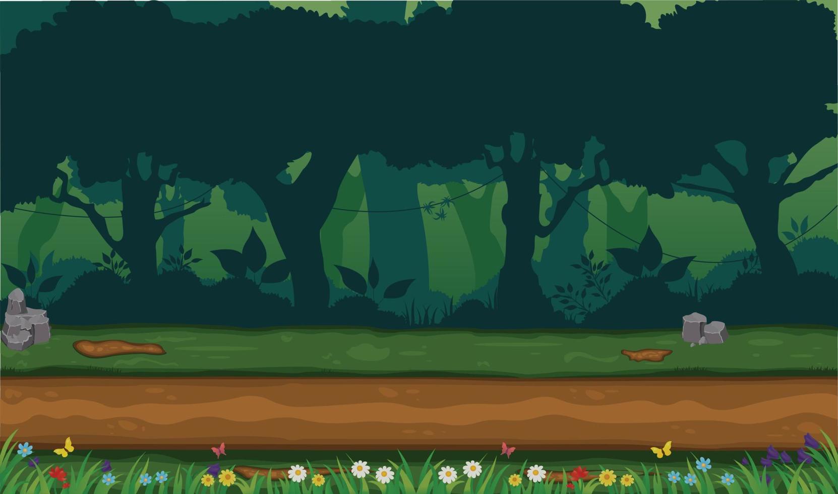 scena della foresta profonda con l'illustrazione di vettore del fondo del fumetto degli alberi