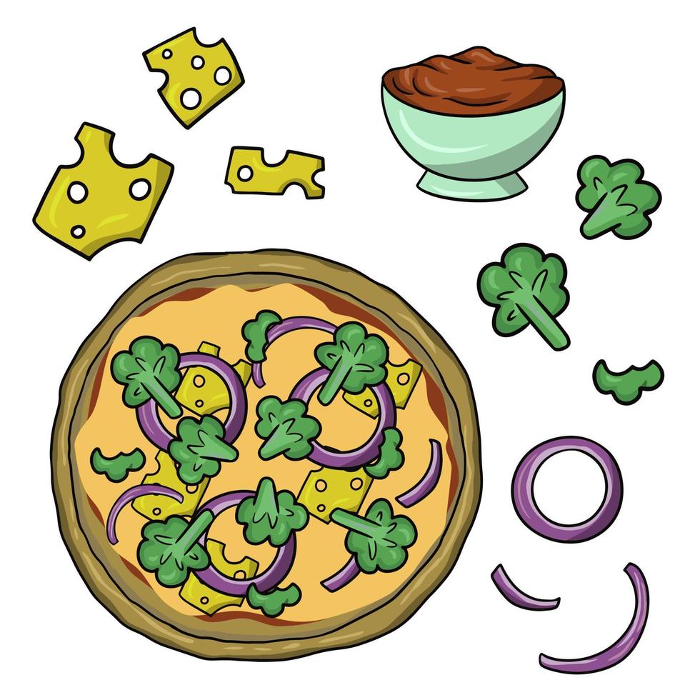 un set di icone per la creazione di pizza con broccoli, illustrazione vettoriale in stile cartone animato su sfondo bianco