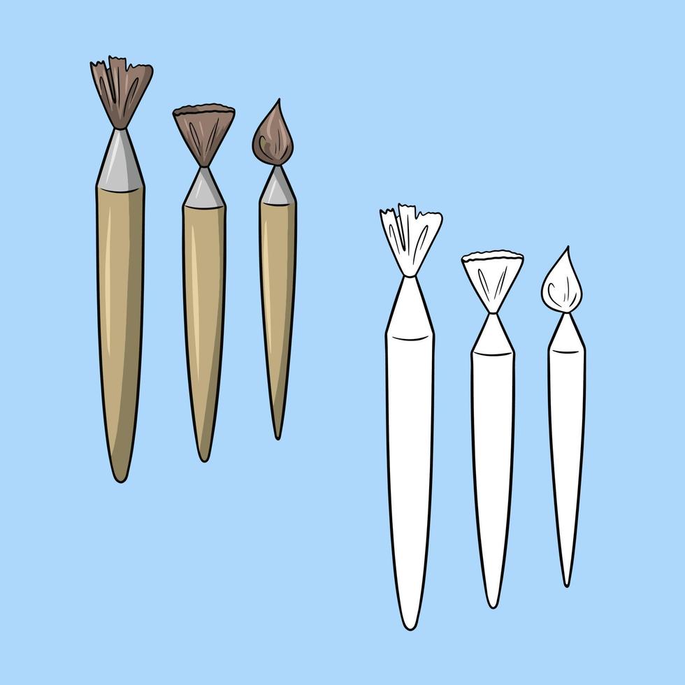 una serie di immagini, vari pennelli per disegnare con manico in legno, illustrazione vettoriale in stile cartone animato su sfondo colorato