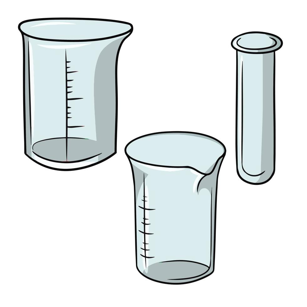 un set di diversi misurini in vetro con divisioni, illustrazione vettoriale in stile cartone animato su sfondo bianco