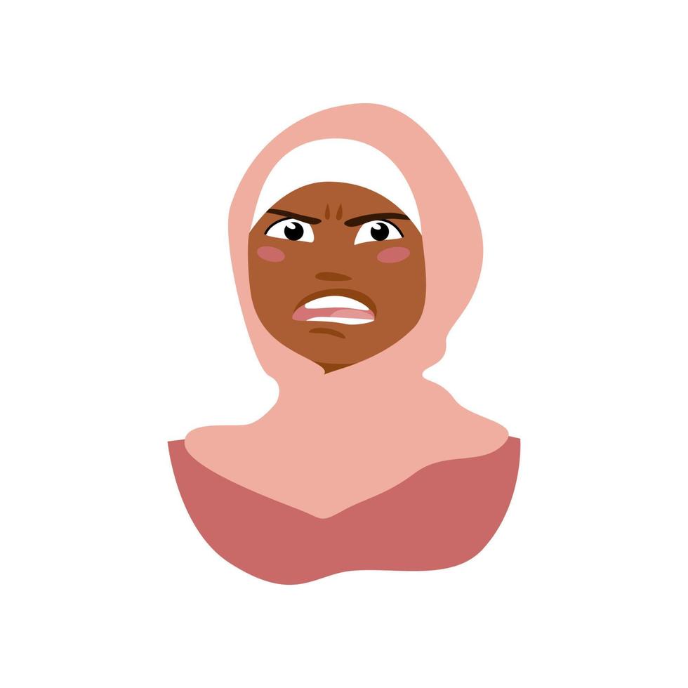 donna musulmana arrabbiata. ragazza del ritratto del fumetto di vettore in hijab.