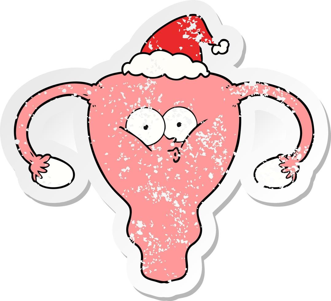 cartone animato adesivo in difficoltà di un utero che indossa un cappello da babbo natale vettore