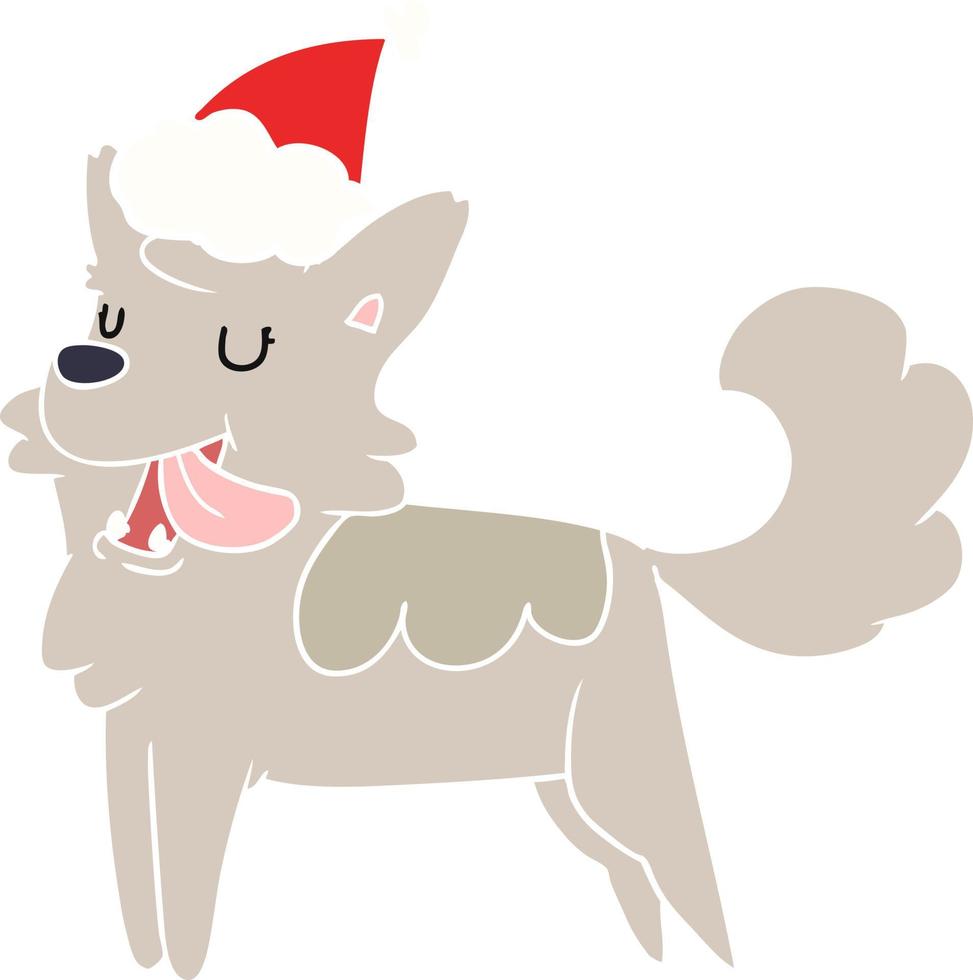 illustrazione a colori piatta di un cane felice che indossa il cappello di Babbo Natale vettore