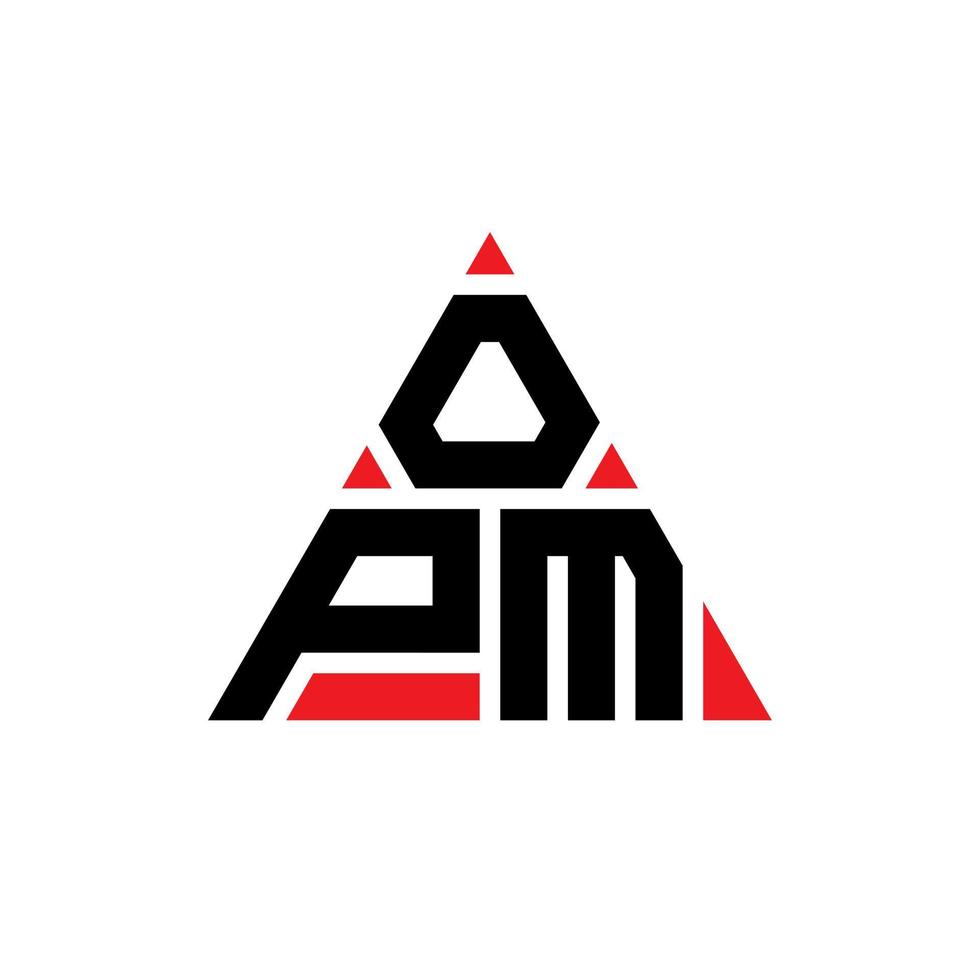 design del logo della lettera triangolare opm con forma triangolare. monogramma di design del logo del triangolo opm. modello di logo vettoriale triangolo opm con colore rosso. opm logo triangolare logo semplice, elegante e lussuoso.