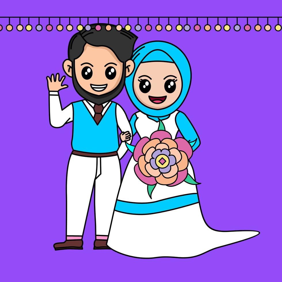 illustrazione vettoriale di matrimonio cartone animato con tema di piante e fiori
