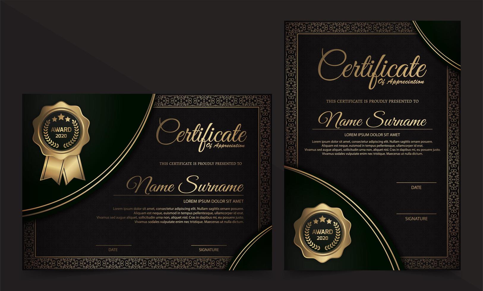 modello di certificato di lusso nero e oro vettore