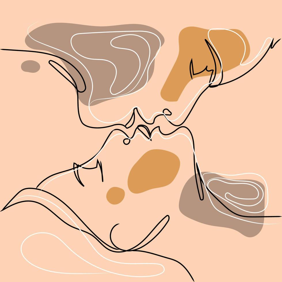 uomo e donna astratti che si baciano, disegno vettoriale a una linea. giovane coppia che bacia illustrazione in colori pastello neutri. ritratto minimalista style.modern linea continua art. stampa di moda.