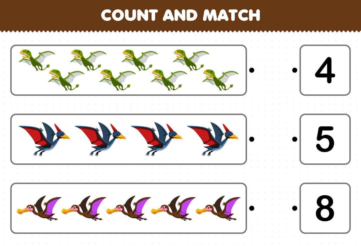 gioco educativo per bambini conta e abbina conta il numero di dinosauri volanti preistorici dei cartoni animati e abbina con i numeri giusti un foglio di lavoro stampabile vettore