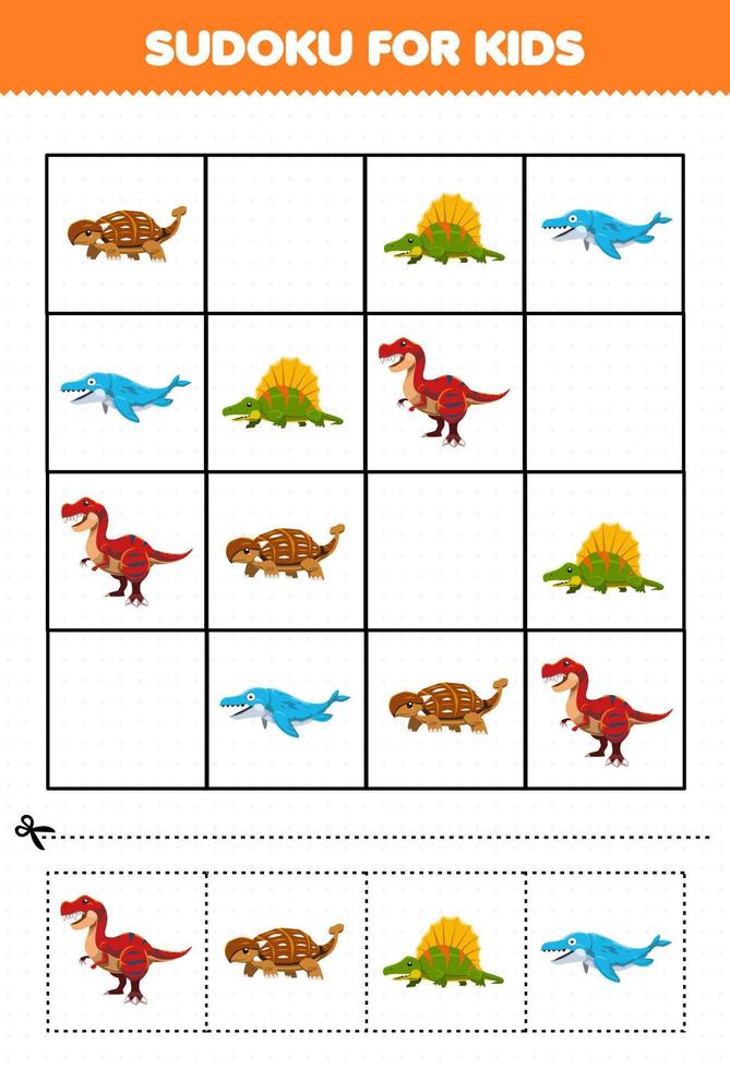 Gioco educativo per bambini sudoku per bambini con simpatico cartone animato dinosauro preistorico ankylosaurus dimetrodon mosasaurus tyrannosaurus immagine vettore