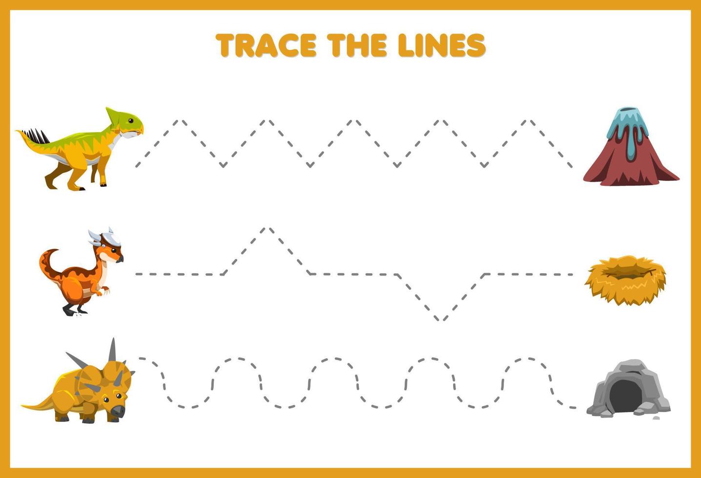 gioco educativo per bambini pratica della scrittura a mano traccia le linee muovi simpatico cartone animato dinosauro giallo preistorico vettore