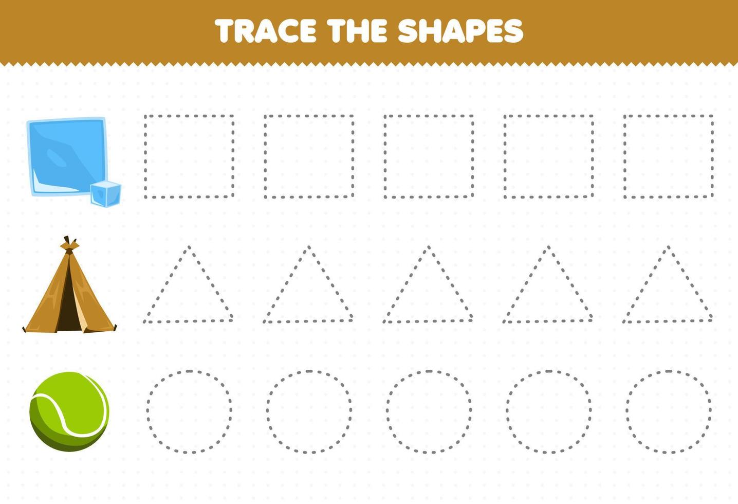 gioco educativo per bambini traccia le forme quadrato blocco di ghiaccio triangolo tenda cerchio palla da tennis foglio di lavoro stampabile vettore