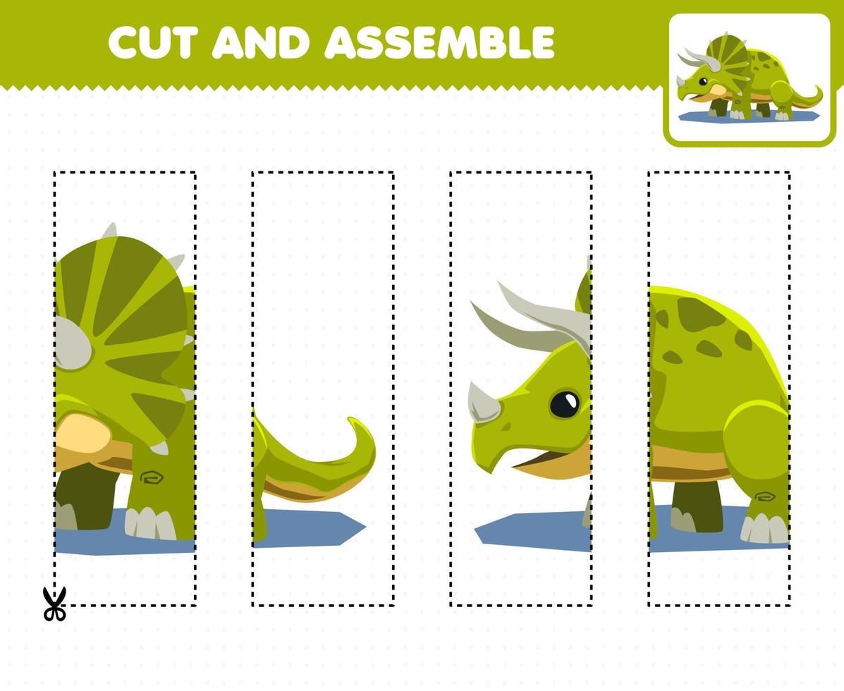 gioco educativo per bambini pratica di taglio e assembla puzzle con triceratopo dinosauro preistorico cartone animato vettore