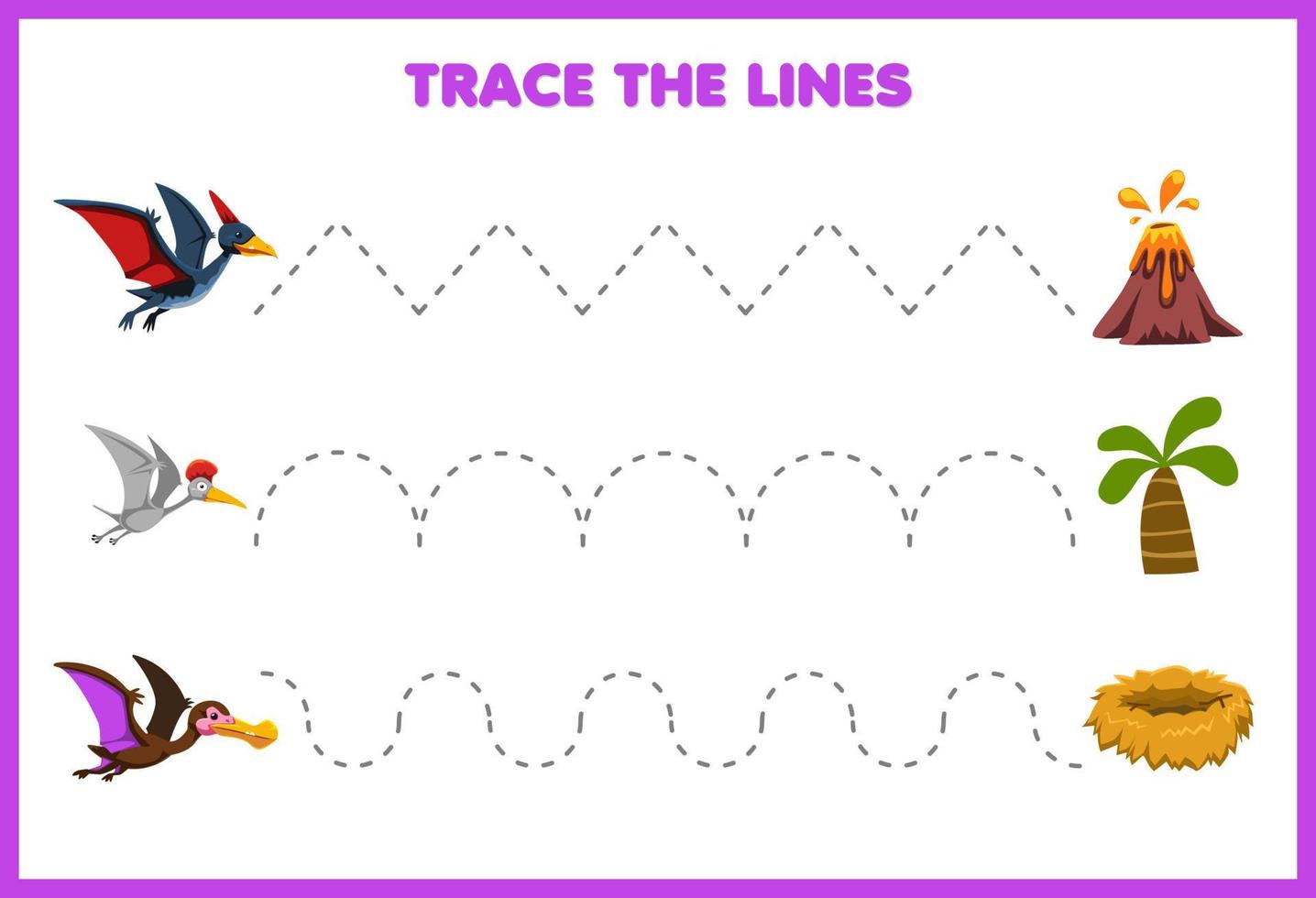 gioco educativo per bambini pratica della scrittura traccia le linee muovi simpatico cartone animato dinosauro volante preistorico vettore