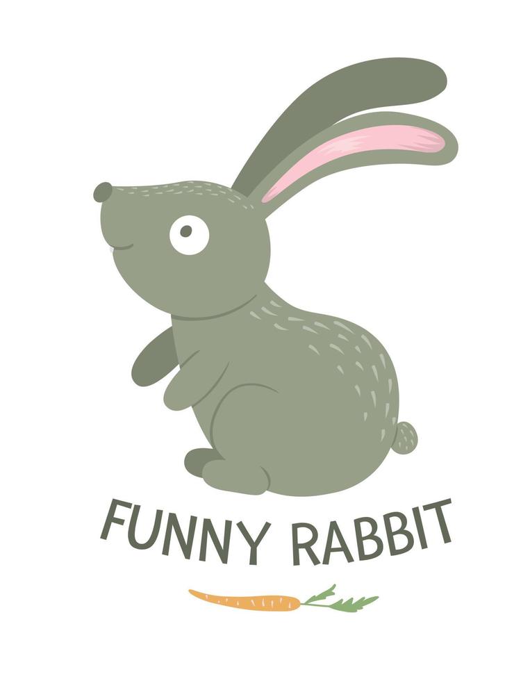 coniglio divertente piatto in stile cartone animato vettoriale con carota isolato su sfondo bianco. illustrazione carina di animale del bosco. icona di lepre seduta per il design dei bambini.