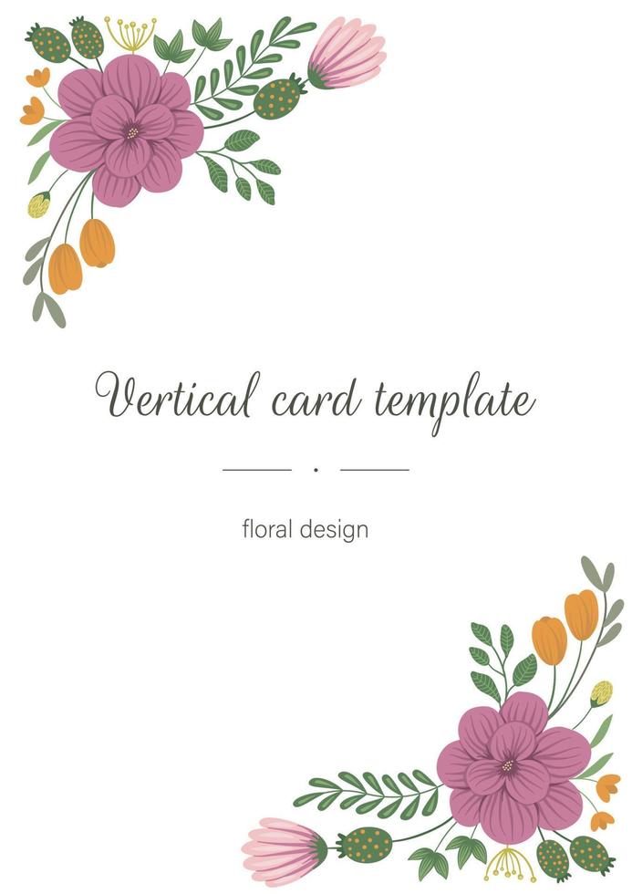 modello di bordo della carta di vettore con elementi d'angolo floreali. design con fiori per cancelleria, lettera, invito, saluto. cornice verticale con angoli decorati.