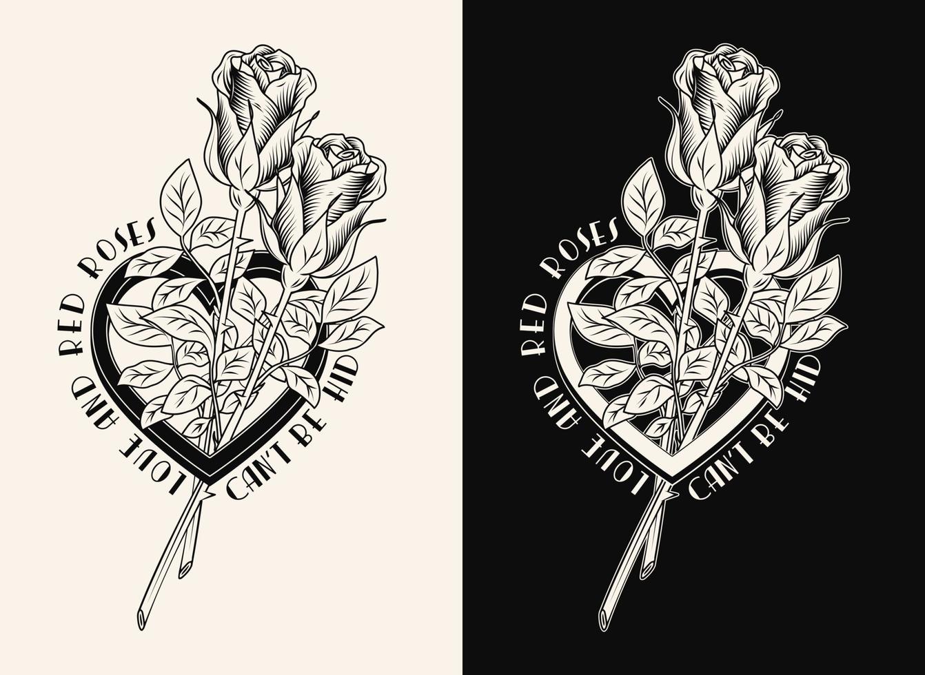 etichetta monocromatica con cornice a forma di cuore, due rose vintage, citazione d'amore. illustrazione vettoriale per il design di t-shirt.