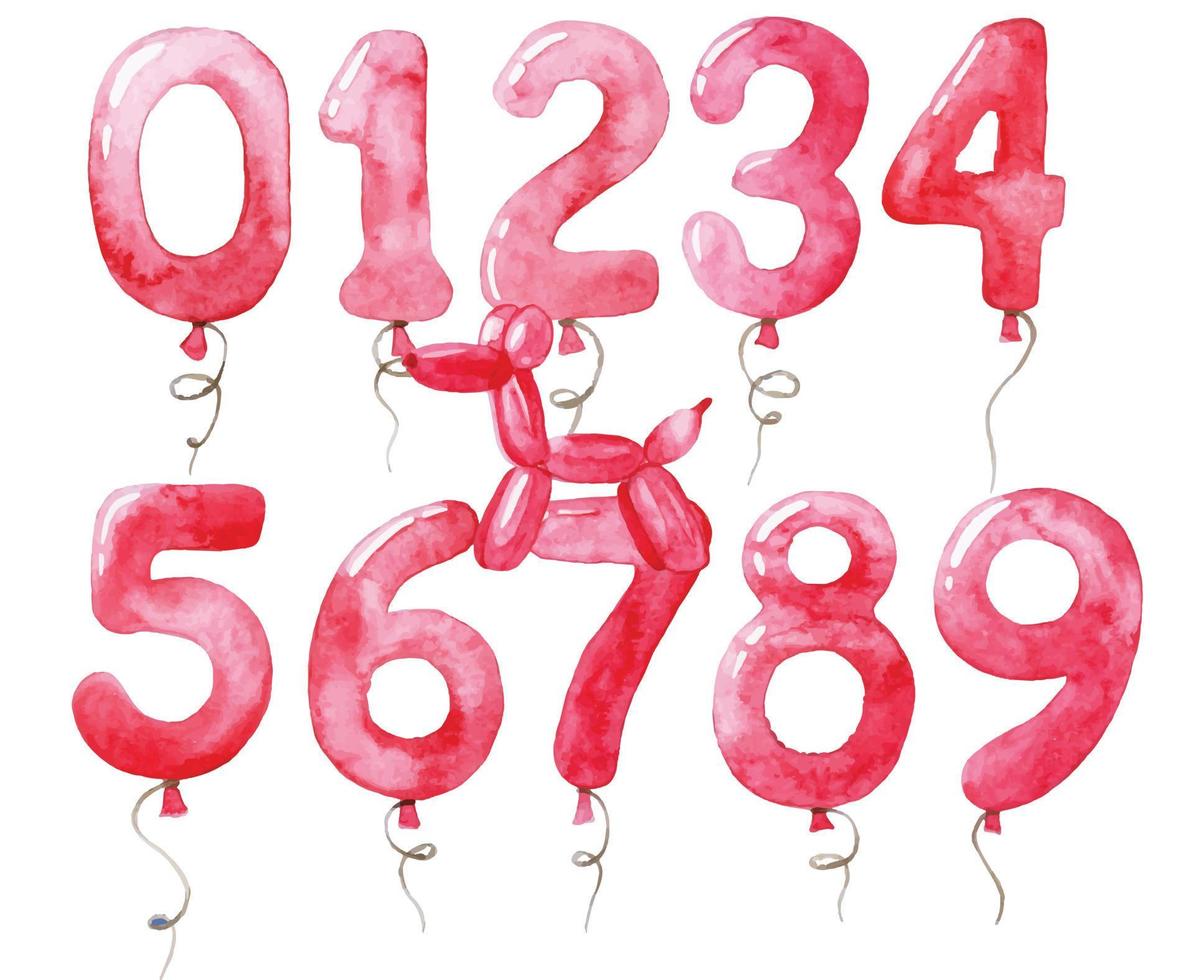 disegno ad acquerello. set di palloncini con numeri. collezione di palloncini festivi in colore rosa per il compleanno. clipart per ragazze. vettore