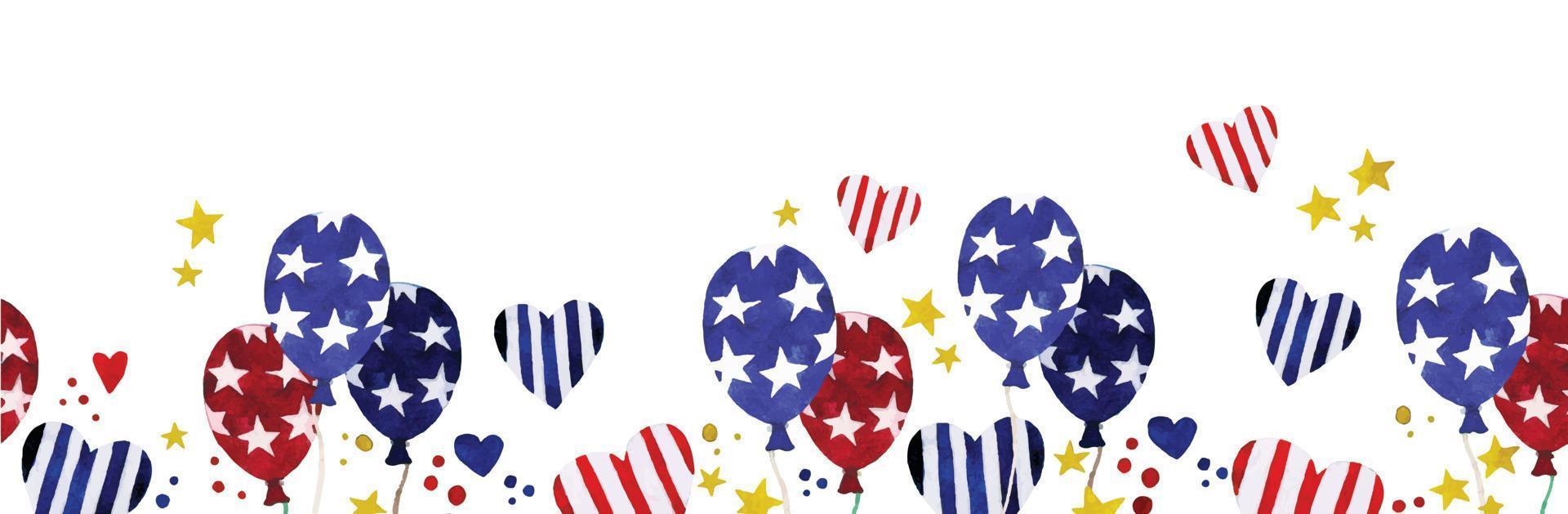 bordo senza giunte dell'acquerello, cornice del giorno dell'indipendenza americana. 4 luglio, sfondo festivo con palloncini, fuochi d'artificio, bandiere. illustrazione carina vettore