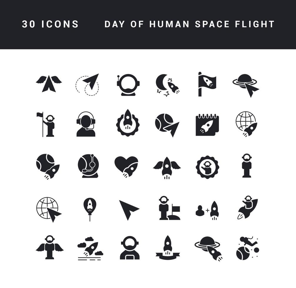 icone semplici di vettore del giorno del volo spaziale umano