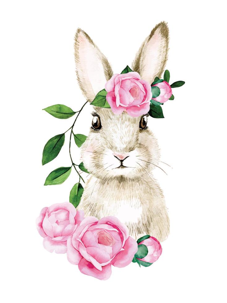 disegno ad acquerello. coniglietto di Pasqua. simpatico ritratto di lepre, coniglio con fiori di rosa rosa, peonia su sfondo bianco. decorazione per pasqua, biglietto di auguri. vettore