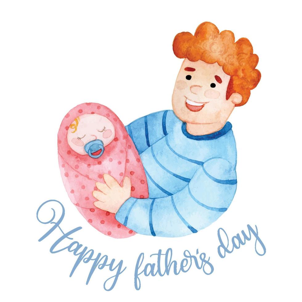 illustrazione ad acquerello carino. biglietto per la festa del papà. padre e figlia, famiglia. personaggi divertenti di colore rosa e blu. vettore