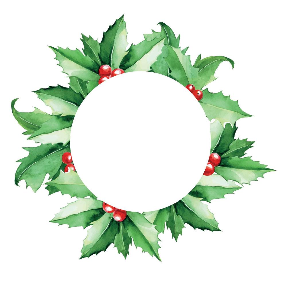 cornice rotonda dell'acquerello di foglie e bacche di agrifoglio di natale. clipart di natale, cornice per congratulazioni, cartoline. capodanno, decorazione natalizia. vettore