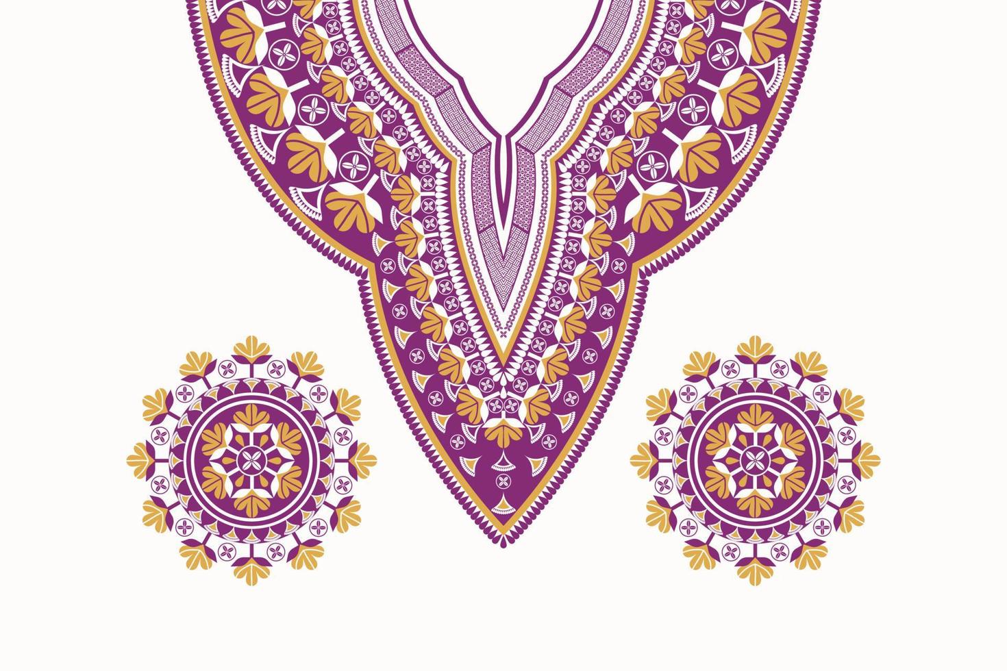 dashiki africano colorato collo viola-giallo ricamo fiore modello con elementi di sfondo. camicie d'arte tribale alla moda. vettore