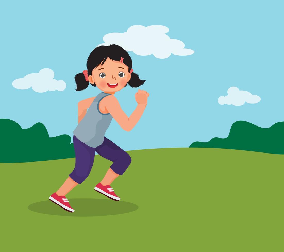 bambina carina che corre a fare jogging nel parco in estate vettore