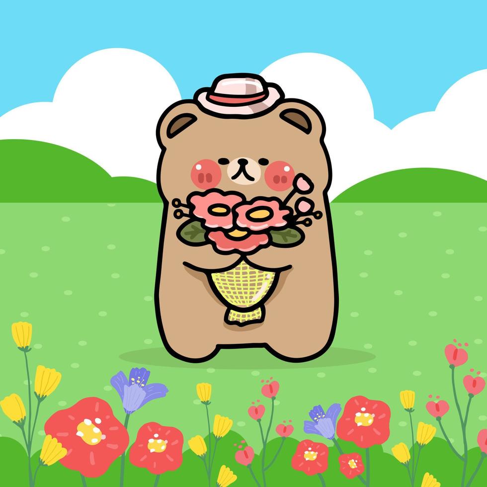 personaggio dei cartoni animati orso che cammina nel giardino fiorito e tiene in mano un mazzo di fiori, illustrazione piatta vettore