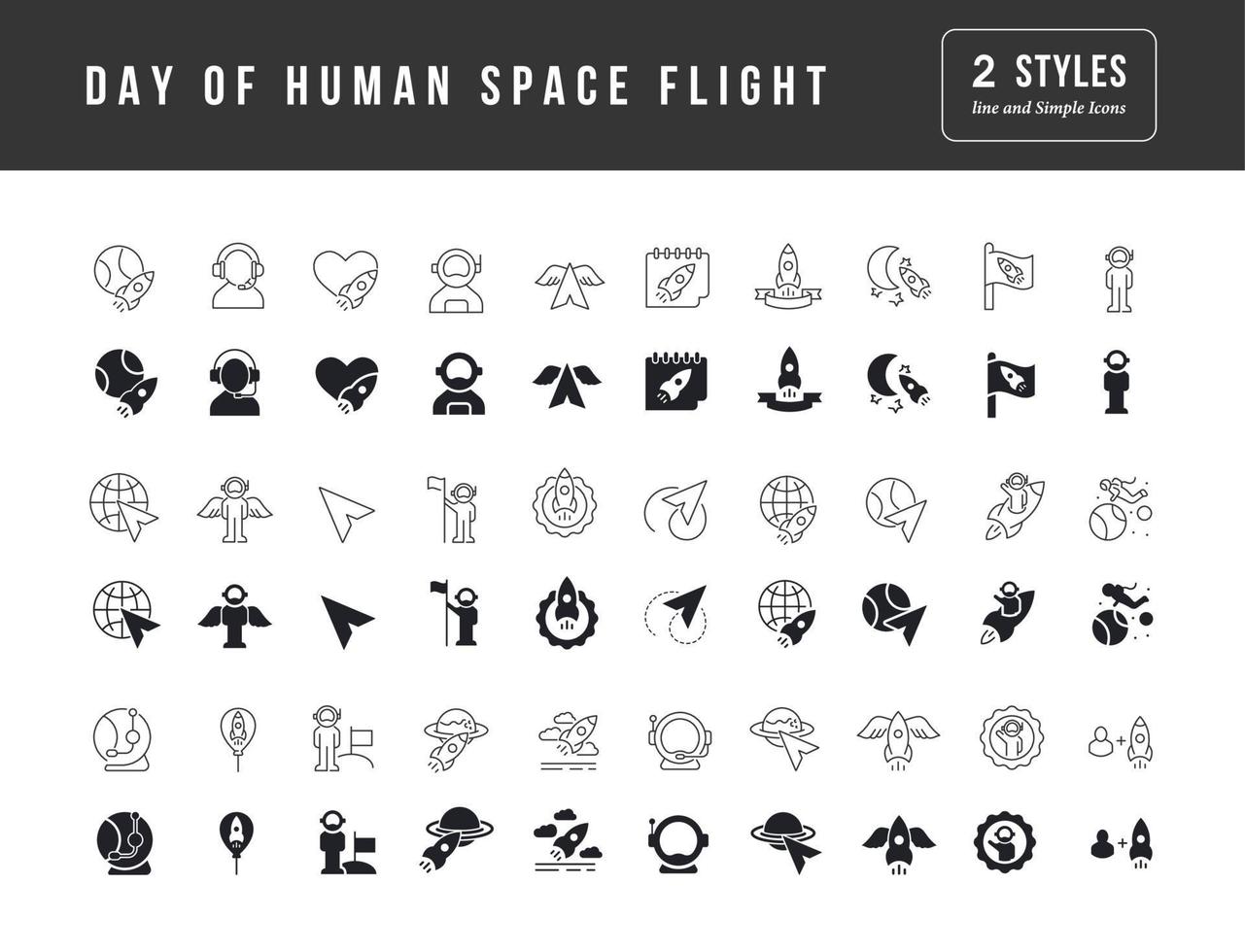 icone semplici di vettore del giorno del volo spaziale umano