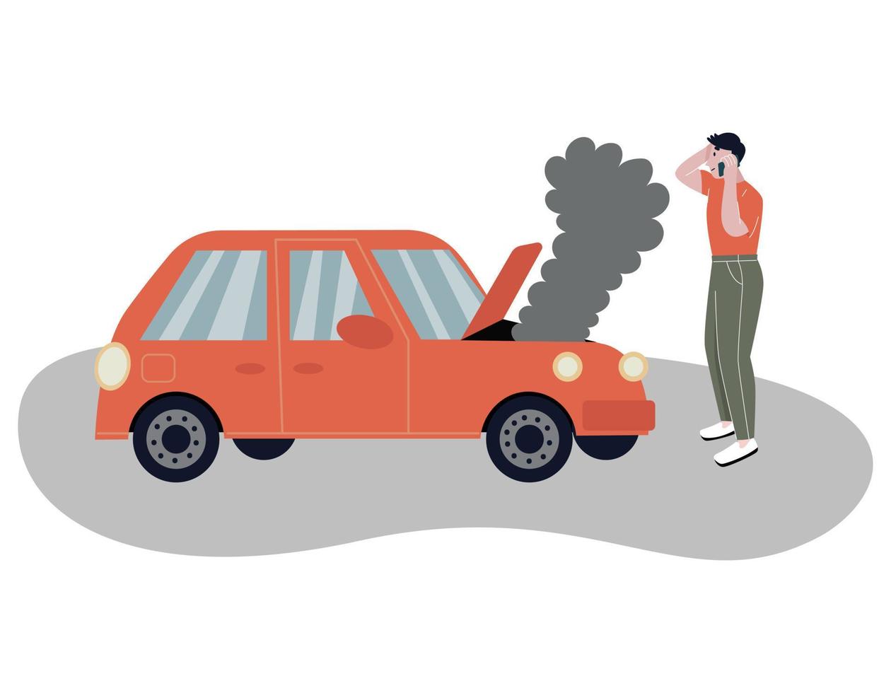 guasto dell'auto sulla strada. un uomo chiama il servizio per aiutare. un'auto difettosa con fumo dal cofano. sfondo bianco isolato. illustrazione vettoriale piatta.
