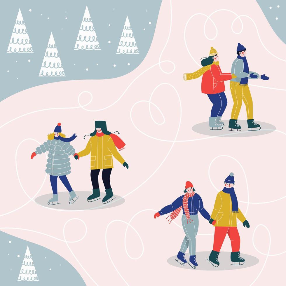 pista di pattinaggio con coppie felici. gente che pattina sul ghiaccio. illustrazione vettoriale piatta.