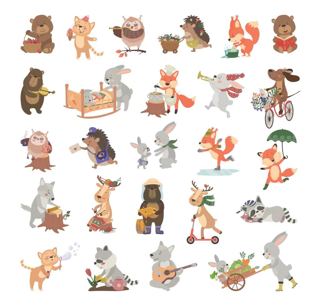 serie di illustrazioni con personaggi animali vettore