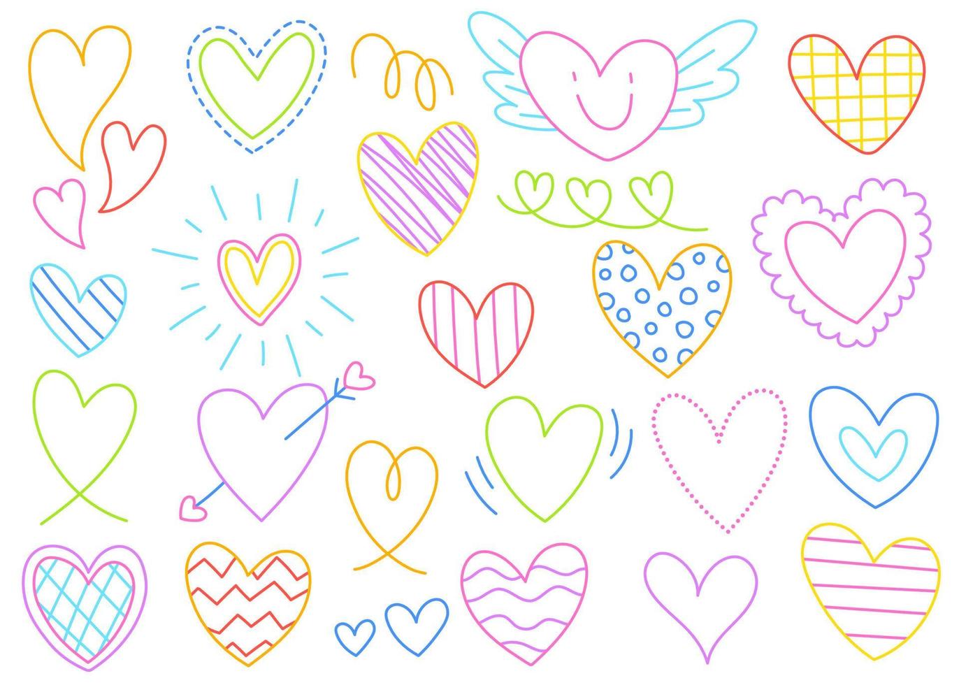 carino cuore elemento decorazione san valentino amore romantico colore colorato arcobaleno linea contorno forma doodle cartone animato disegno a mano schizzo illustrazione vettoriale pack set raccolta bundle