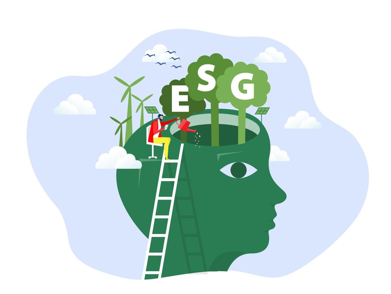 uomo d'affari innaffia le piante sulla terra a forma di grande testa umana con problemi di ecologia esg vettore di concetto di fonte rinnovabile, verde, sicura e a lungo termine